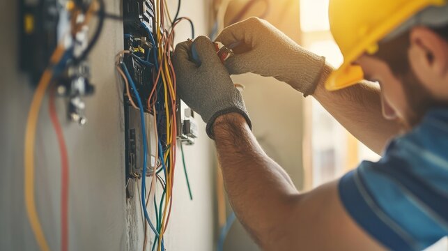 An electrician installing electrical wiring in a wall. Featuring focus and expertise