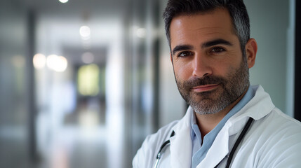 Obraz premium Male medicine doctor stands on the right in the image, for the Health insurance concept in hospital background