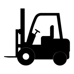 Simple black silhouette of a forklift, a piece of heavy machinery, vector image