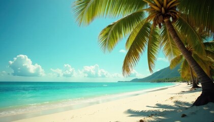Palm trees sway gently in warm ocean breeze amidst sandy beach with vintage tone and film distress flare, vintage, sand
