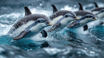 Dolphins leaping through ocean waves, a breathtaking wildlife spectacle.