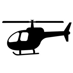 Silhouette of a helicopter with rotor blades, a tail fin, and windows
