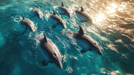 Fototapeta premium A pod of dolphins gracefully swimming in the sunlit ocean, creating a breathtaking scene of marine wildlife.