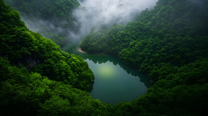 Emerald Lake Nestled In Misty Mountains
