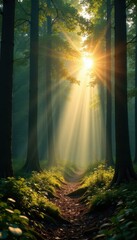 Naklejka premium Panorama with sun rays illuminating the forest , forest, light