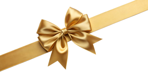 Large gold bow on the left side of a straight ribbon, isolated on a transparent background - ideal for banners or frames Easter, Christmas, birthdays, gifts, Valentine's Day