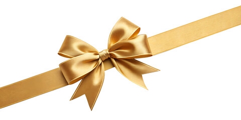 Large gold bow on the left side of a straight ribbon, isolated on a transparent background - ideal for banners or frames Easter, Christmas, birthdays, gifts, Valentine's Day