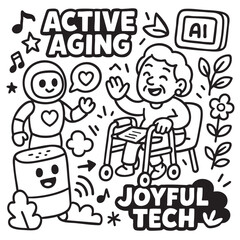 Active aging and joyful tech doodle illustration