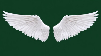 Fototapeta premium Pair of white angel wings isolated on green.