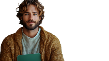 Man with curly hair and beard holding a folder portrait studio shot