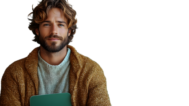Man with curly hair and beard holding a folder portrait studio shot
