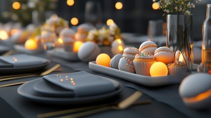Elegant dessert table setup outdoor celebration food display evening ambiance close-up view festive atmosphere