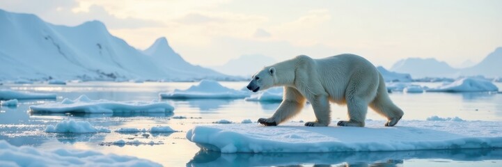Polar bear walking on icy landscape at South Pole, arctic wildlife, polar bear