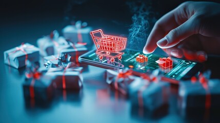 Online shopping experience hand using smartphone with gifts digital marketplace nighttime modern concept