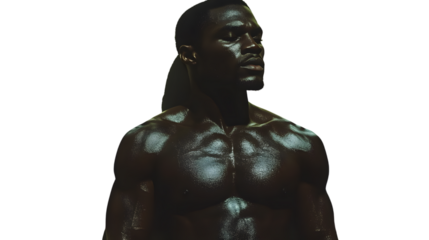 Muscular Man with Illuminated Torso A Dramatic Portrait of Strength and Fitness in a Dark Sett
