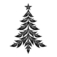Elegant Black & White Leafy Christmas Tree Illustration