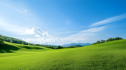 Fototapeta premium Panoramic View Of Lush Green Meadow With Rolling Hills Under Sunny Sky