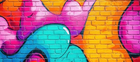 Vibrant graffiti art on a brick wall, showcasing urban street style and hip-hop culture with a colorful palette of pink, orange, blue, purple, green, and yellow. High resolution and detailed.