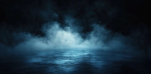 Abstract dark background with swirling smoke, mist, and fog on the floor, ideal for product display presentations or as a moody backdrop for design projects.
