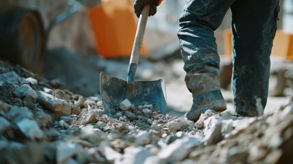 A construction site laborer clearing debris from a work area. Featuring diligence and teamwork