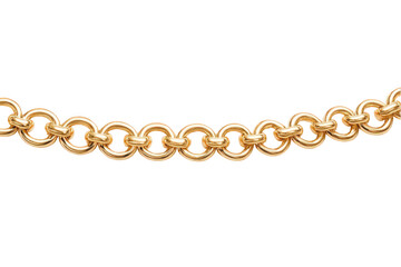 Elegant gold chain with interlocking circular links on a white background.