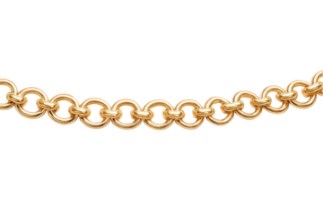 Elegant gold chain with interlocking circular links on a white background.
