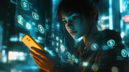Woman using phone  digital currency  futuristic finance