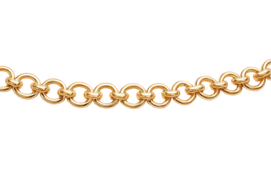 Elegant gold chain with interlocking circular links on a white background.