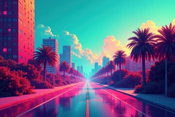 Fototapeta premium Retro-style slide with a stylized cityscape in bright hues, urban, bright