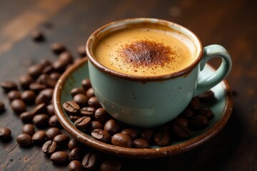 Fototapeta premium Rich espresso coffee drink in a dusty old ceramic cup surrounded by brown coffee beans , espresso, beans