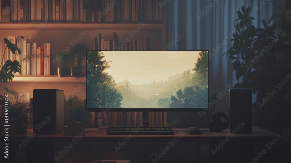 Fototapete A desk setup features a large monitor displaying a serene landscape of trees and hills. Soft lighting enhances the warm ambiance, creating a tranquil atmosphere perfect for work or relaxation.