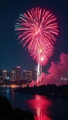 New Year's Eve fireworks over a dark cityscape, celebration, city