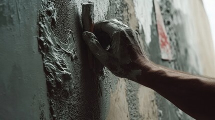 A construction site mason applying a finishing coat of plaster to a wall. Featuring detail and craftsmanship