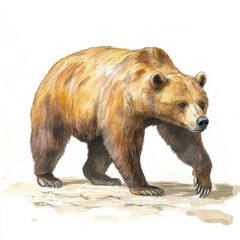 Fototapeta premium A majestic bear walks across the terrain. The image showcases the animal in watercolor style. It's solitary and potentially powerful.