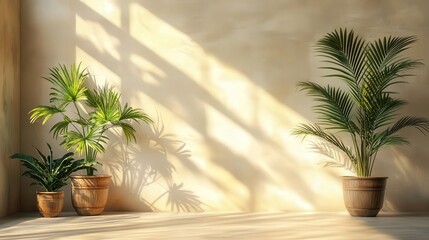 Fototapeta premium Beige wall adorned with sun rays, featuring palm leaves in wooden pots on the floor, perfect summer backdrop for product presentation mockups. Photorealistic and detailed.