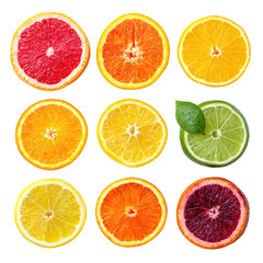 Obraz premium isolated transparent Background. Fresh and colorful citrus fruit slices arranged in vibrant display, showcasing variety