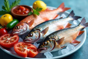 School of colorful fish with assorted seafood on ice, frozen seafood products, fishing net