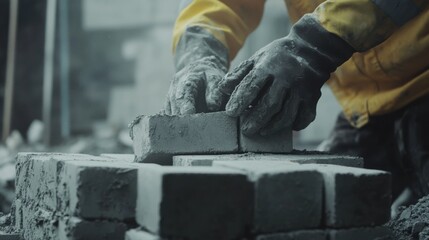 A construction site mason laying concrete blocks for a wall. Featuring precision and expertise