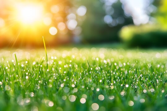 Morning Dew on Lush Green Grass Summer Sunrise