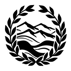 Mountain Landscape in Laurel Wreath, Vector Illustration, Emblem