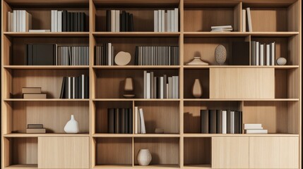 A modern bookshelf with neatly arranged books and decorative objects, minimalist and clean background, leaving plenty of space for copy.