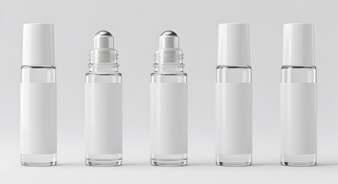 Minimalist clear glass roller bottles with white labels on a neutral background
