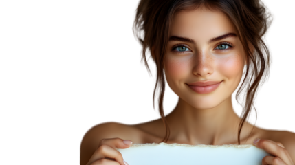 Radiant Smile with Soft Focus Background A Beautiful Woman Holding a Blank Sign for Custom Tex