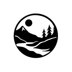 Minimalist Nature Icon: Mountain, Trees, River, Sun in Circle