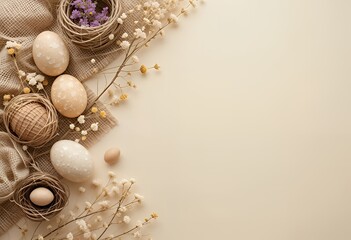 Rustic Easter Flatlay with Natural Eggs and Spring Decor