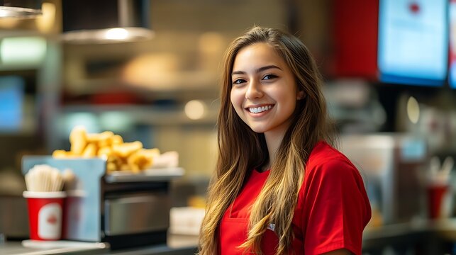 A cheerful female fast food worker, with long hair and wearing a red shirt, stands behind the counter, offering a welcoming smile.