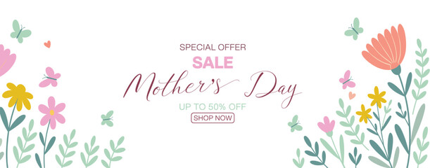 Mother’s Day sale banner with colorful flowers, butterflies, and elegant typography – promotional spring background for discounts, marketing ads, greeting cards, and online store campaigns © shilver
