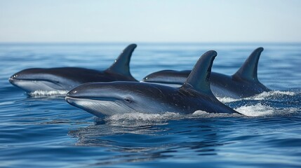 Three Melanistic False Killer Whales Swimming in the Ocean