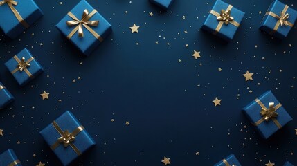 Fototapeta premium Top view of blue gift boxes and golden stars on a dark blue background, ideal for Christmas or birthday celebration banners. Features a copy space area for personalized messages.