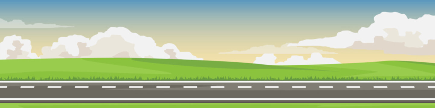 Banner background of  horizontal or lanscape view of asphalt road. Background is a flat grassland and hills with white clouds and a calm evening sky.